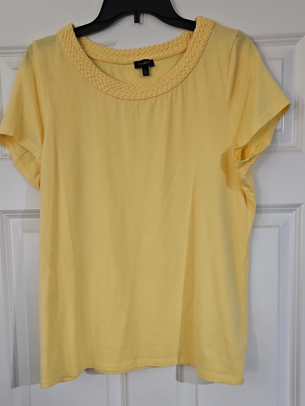 Talbots Pale Yellow Short Sleeve Top with Braided Crew Neck